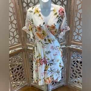 LOFT size 8 Wrap Floral Dress - Cream with Pink and Yellow Flowers